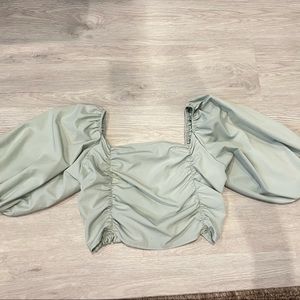 Puff Sleeve Lettuce Trim Shirred Crop Top